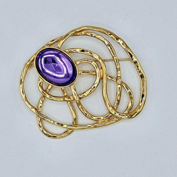 Avon Purple Cabochon Brooch Vintage Lucite Gold Tone Web Jumbo Statement Pin 3" - Picture 11 of 11